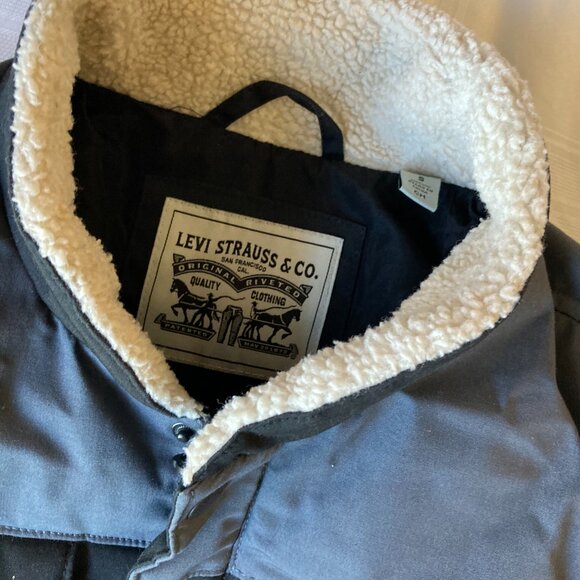 Small Levi's Sherpa Collar Utility Workwear Jacket Black Gray Colorblock Puffer - Picture 9 of 14